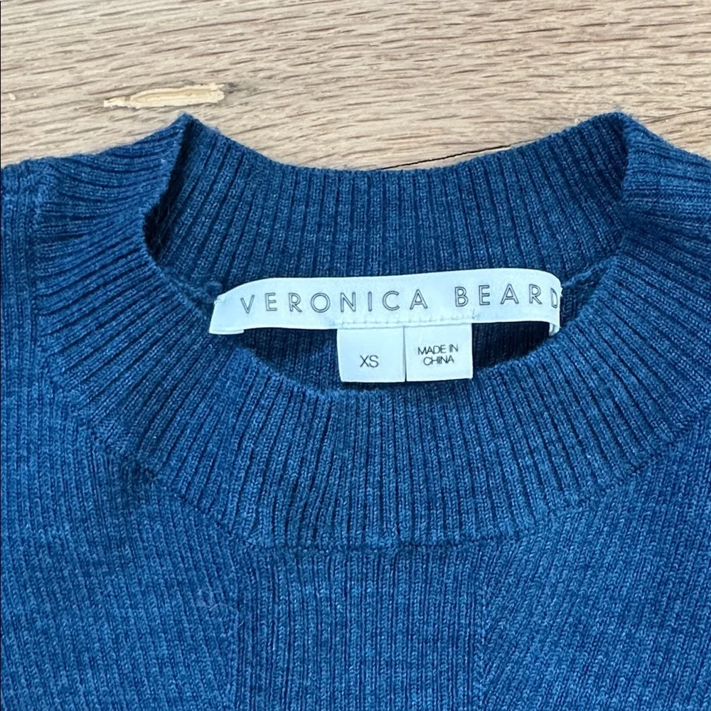 Veronica Beard mixed fabric top/ blue wool crewneck sweater & silk sleeves sz XS